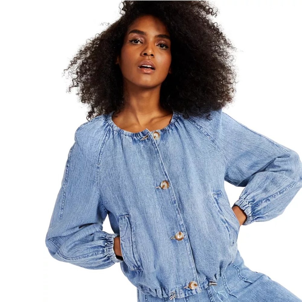 INC International Concepts Drawstring-Waist Denim Bomber Jacket